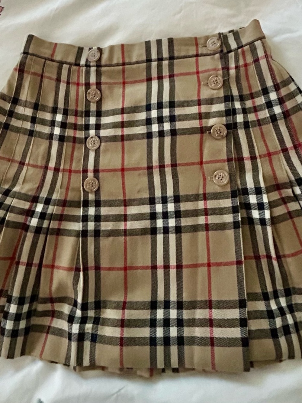 Burberry Beige Plaid Pleated Mini Skirt with Button Detail